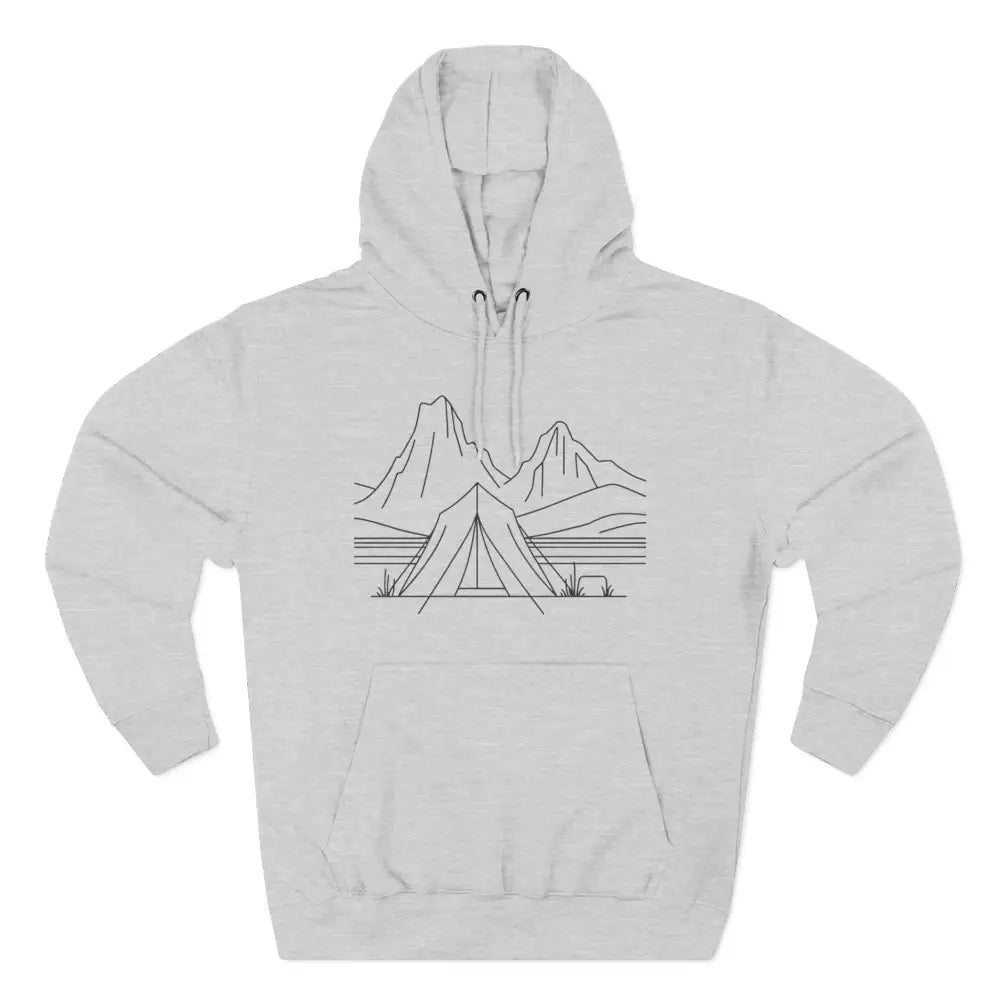 Light grey unisex hoodie with black tent and mountain line art, cozy fleece, spacious kangaroo pocket