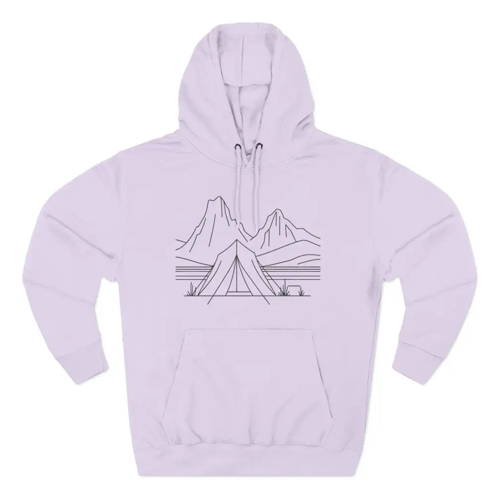 Light purple unisex hoodie with black tent and mountain graphic, cozy fleece, spacious kangaroo pocket