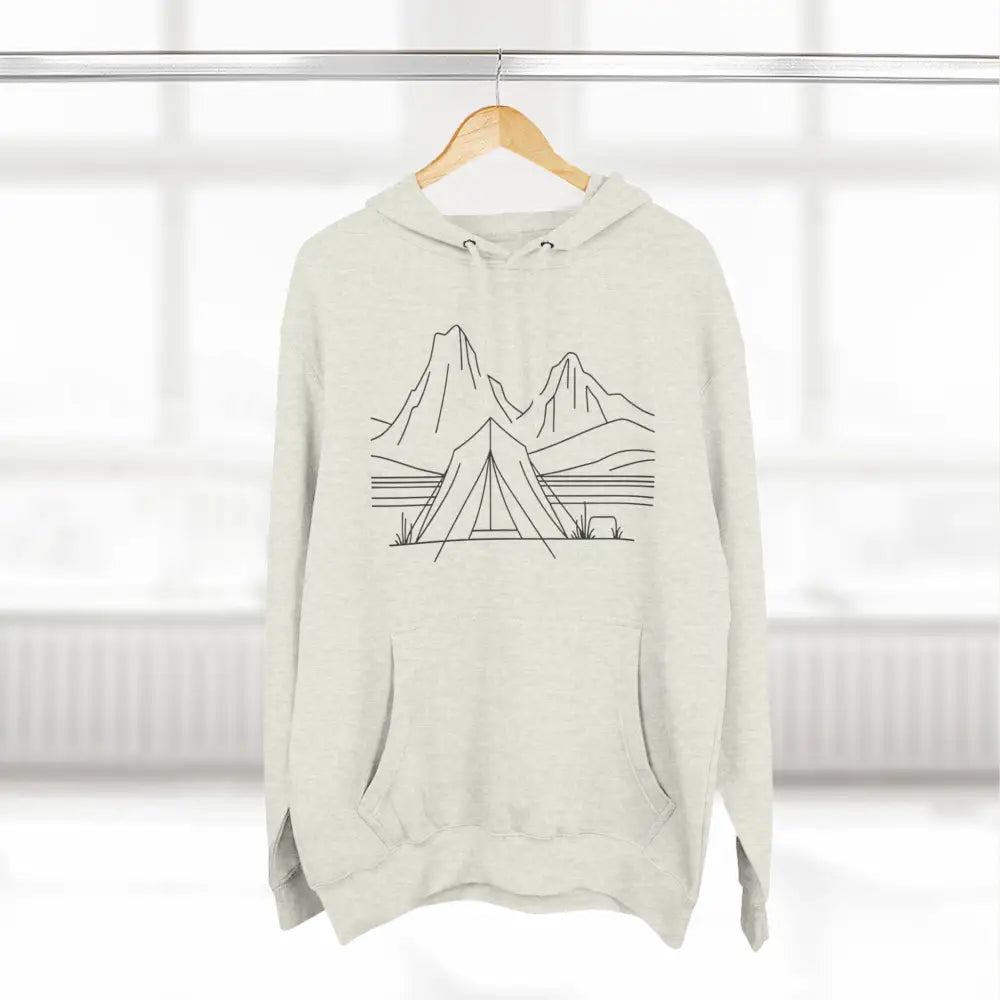 Unisex hoodie with minimalist mountain camping design, luxurious fleece, and spacious kangaroo pocket