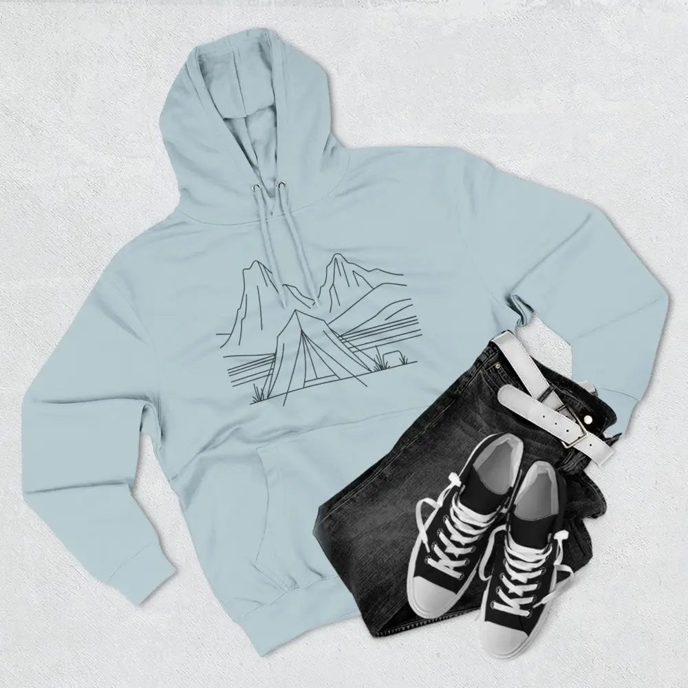 Light blue unisex hoodie with mountain and tent outline, cozy fleece, spacious kangaroo pocket
