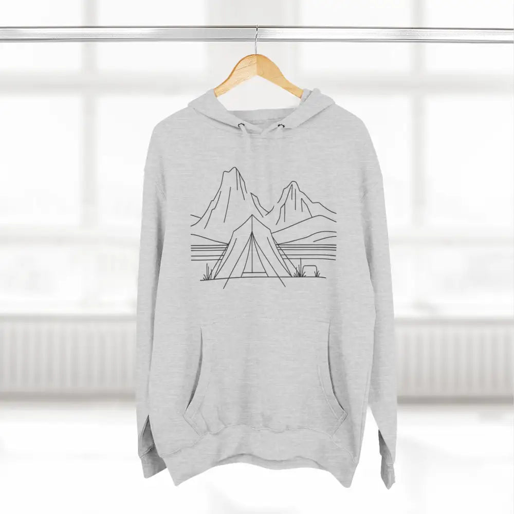 White unisex hoodie with black line art of a tent and mountains, cozy fleece, spacious kangaroo pocket