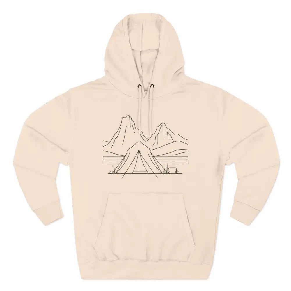 Light beige unisex hoodie with mountain tent line art, cozy fleece, spacious kangaroo pocket