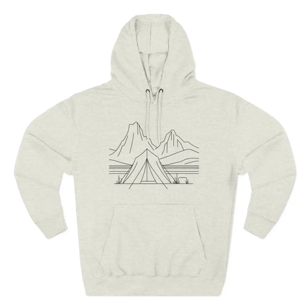 Off-white unisex hoodie with mountain tent graphic, cozy fleece, and spacious kangaroo pocket