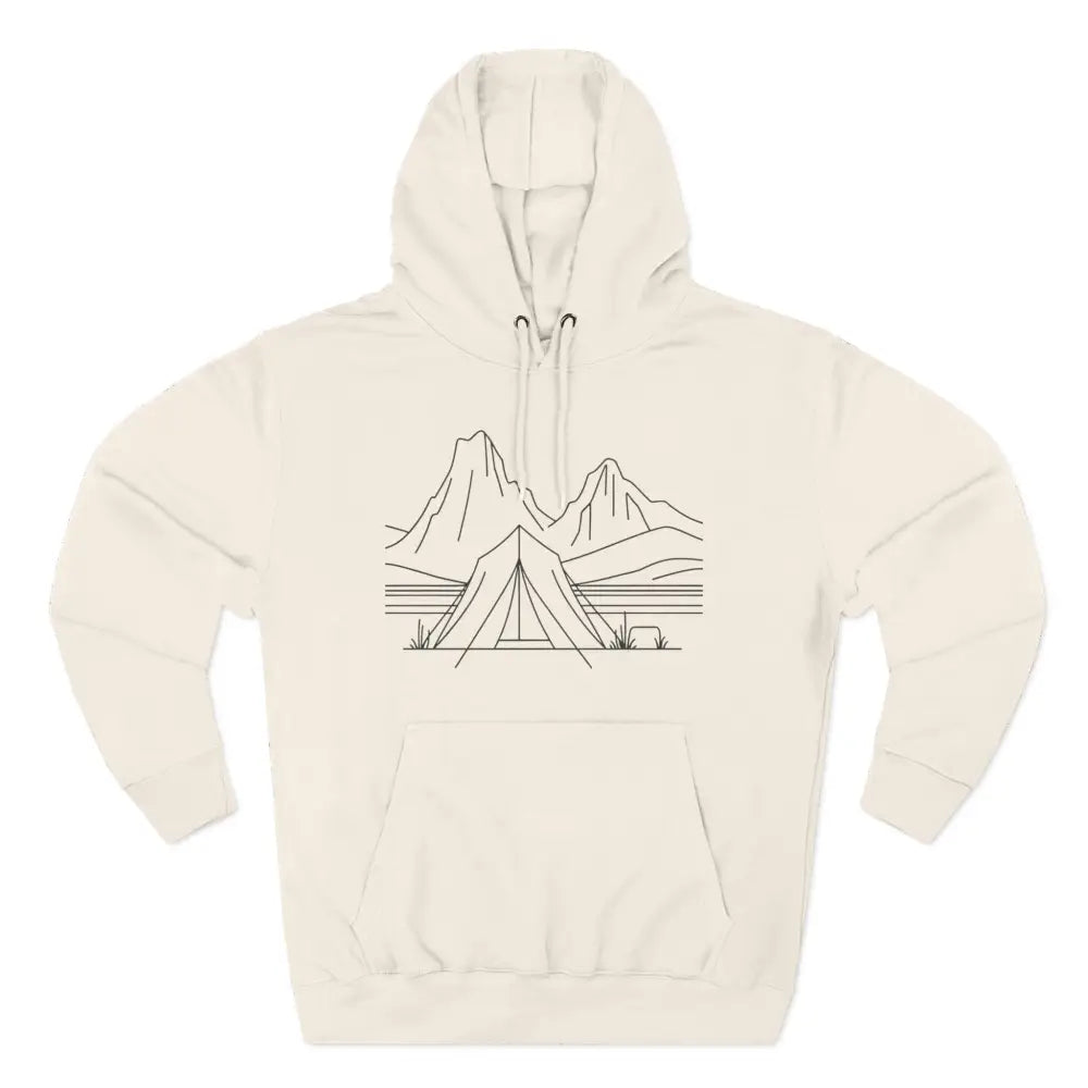 Cream-colored unisex hoodie with mountain and tent line art, luxurious fleece, spacious kangaroo pocket