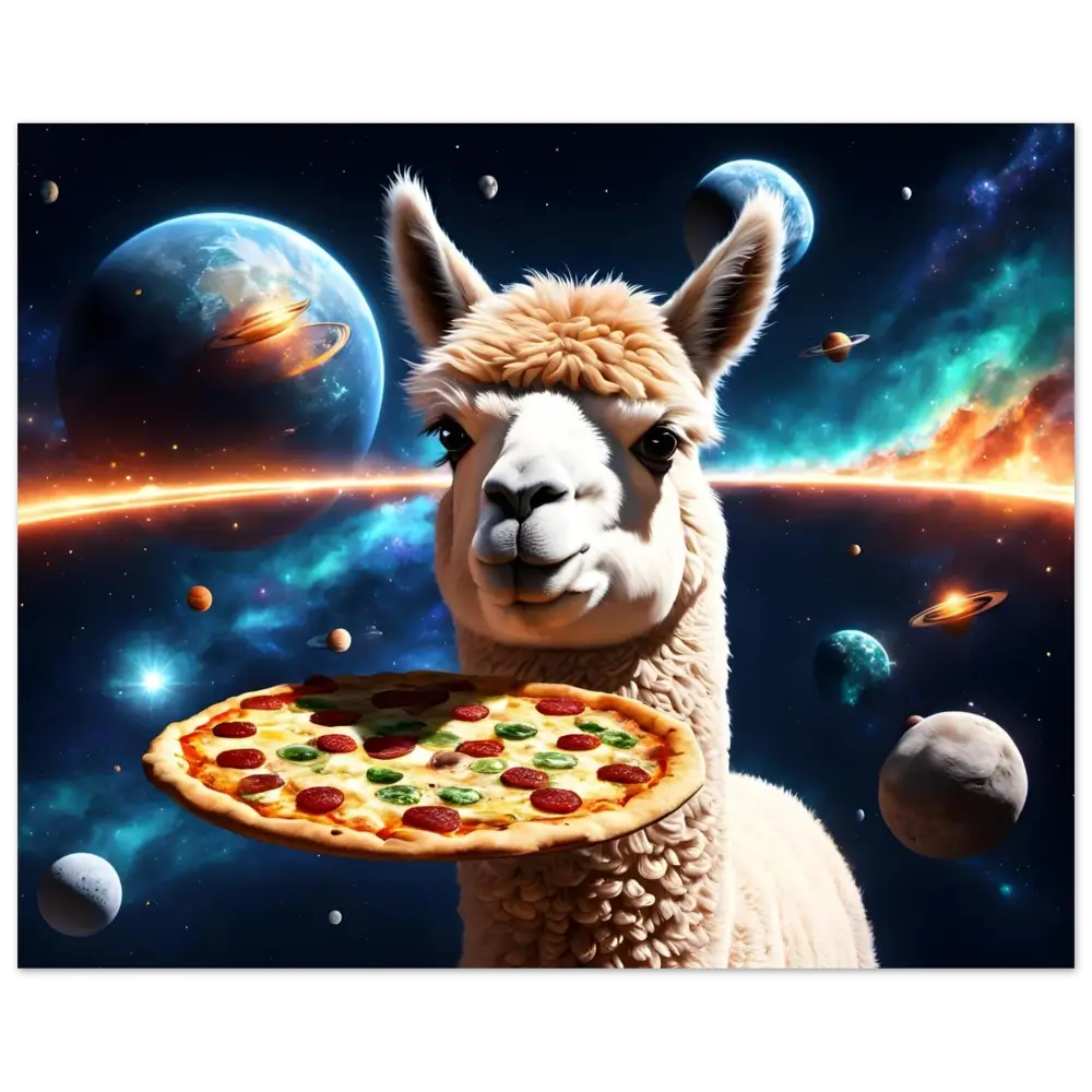 Alpaca holding pizza in space for PixiOnyx Galactic Metal Art aluminum print