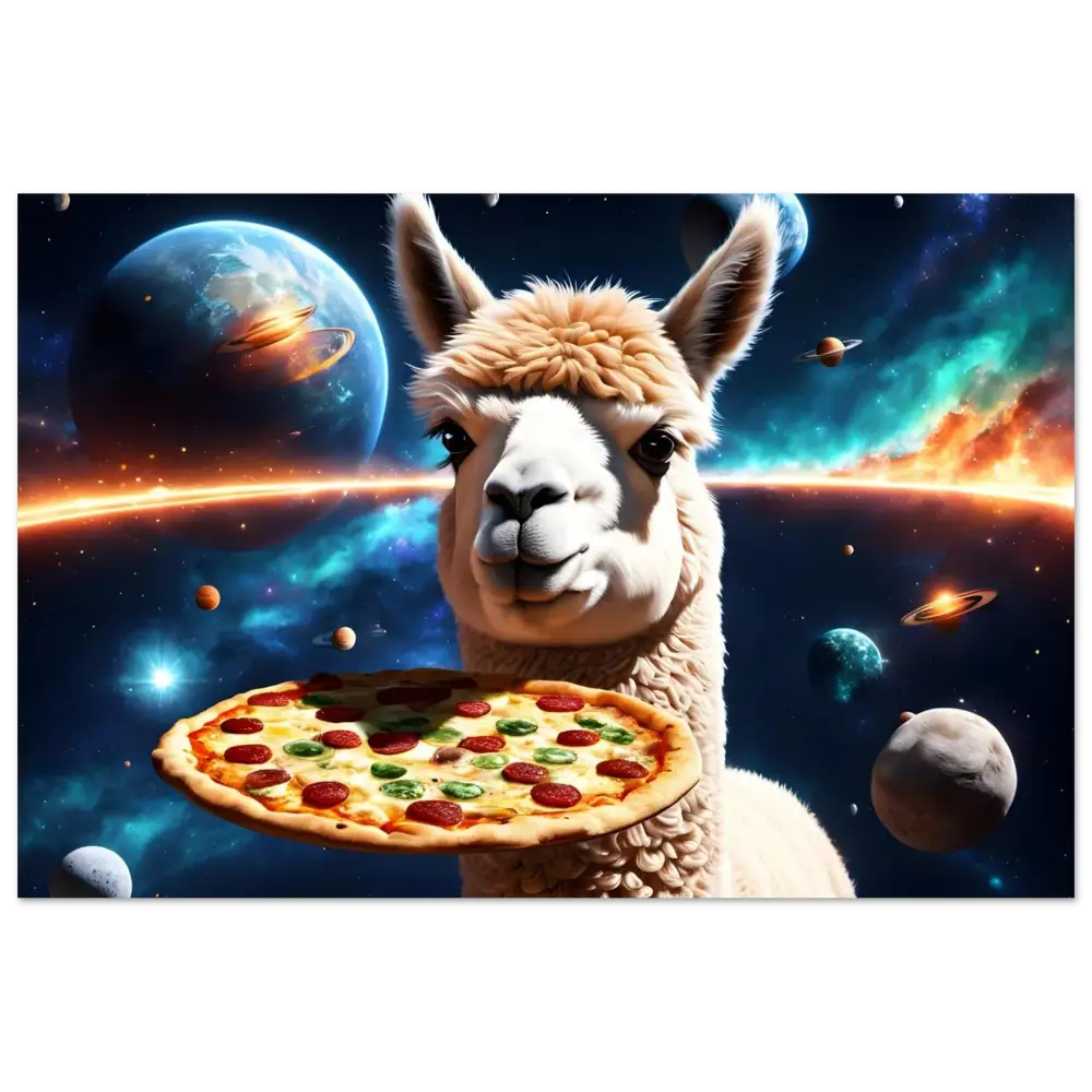 Space-themed llama holding pizza displayed on Alpaca Pizza Aluminum Print Starlight Slice Drop