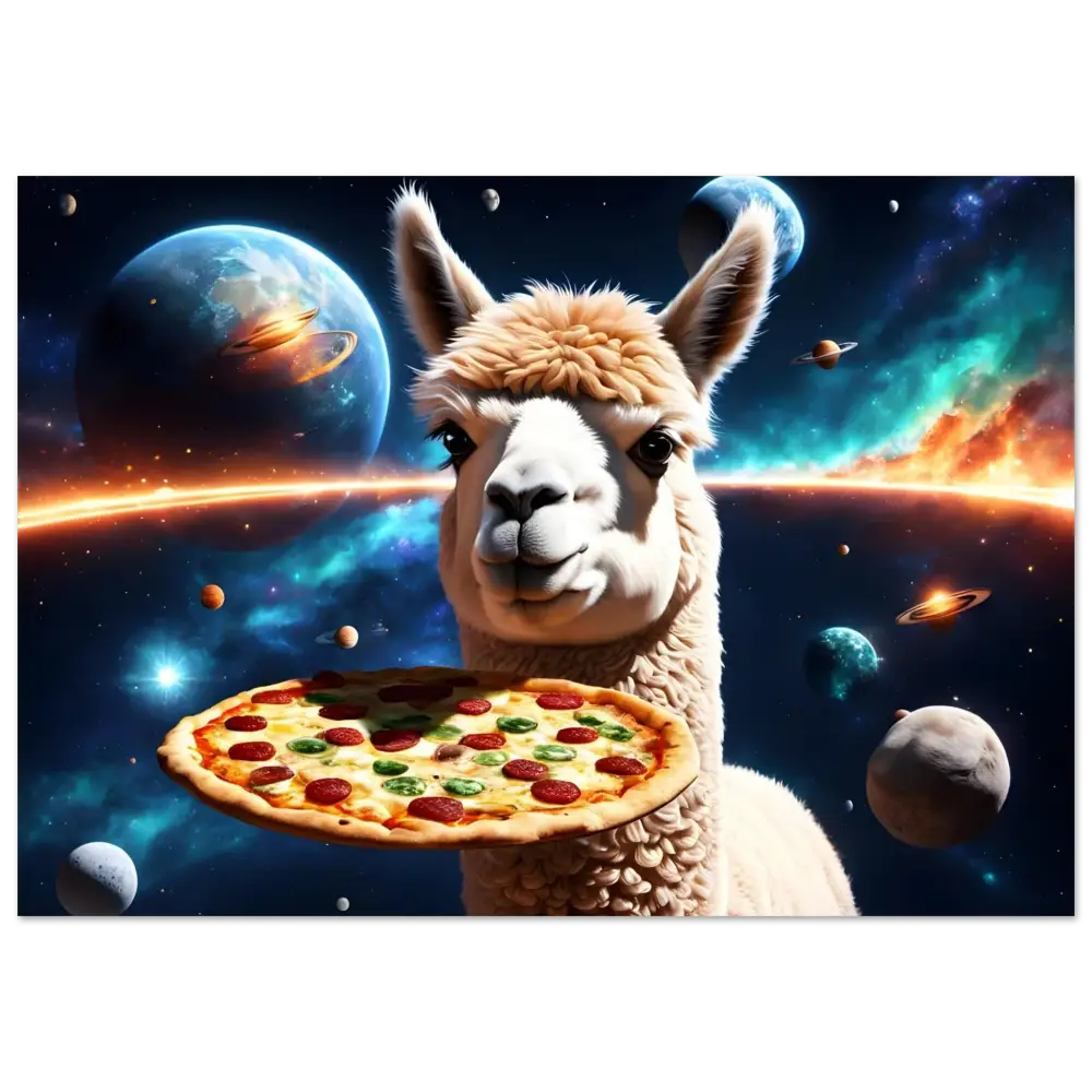Llama holding pepperoni pizza on Alpaca Pizza Aluminum Print Starlight Slice Drop