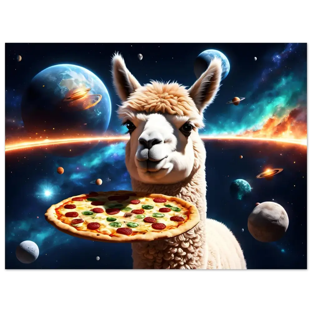 Llama holding pizza in space for Alpaca Pizza Aluminum Print Starlight Slice Drop