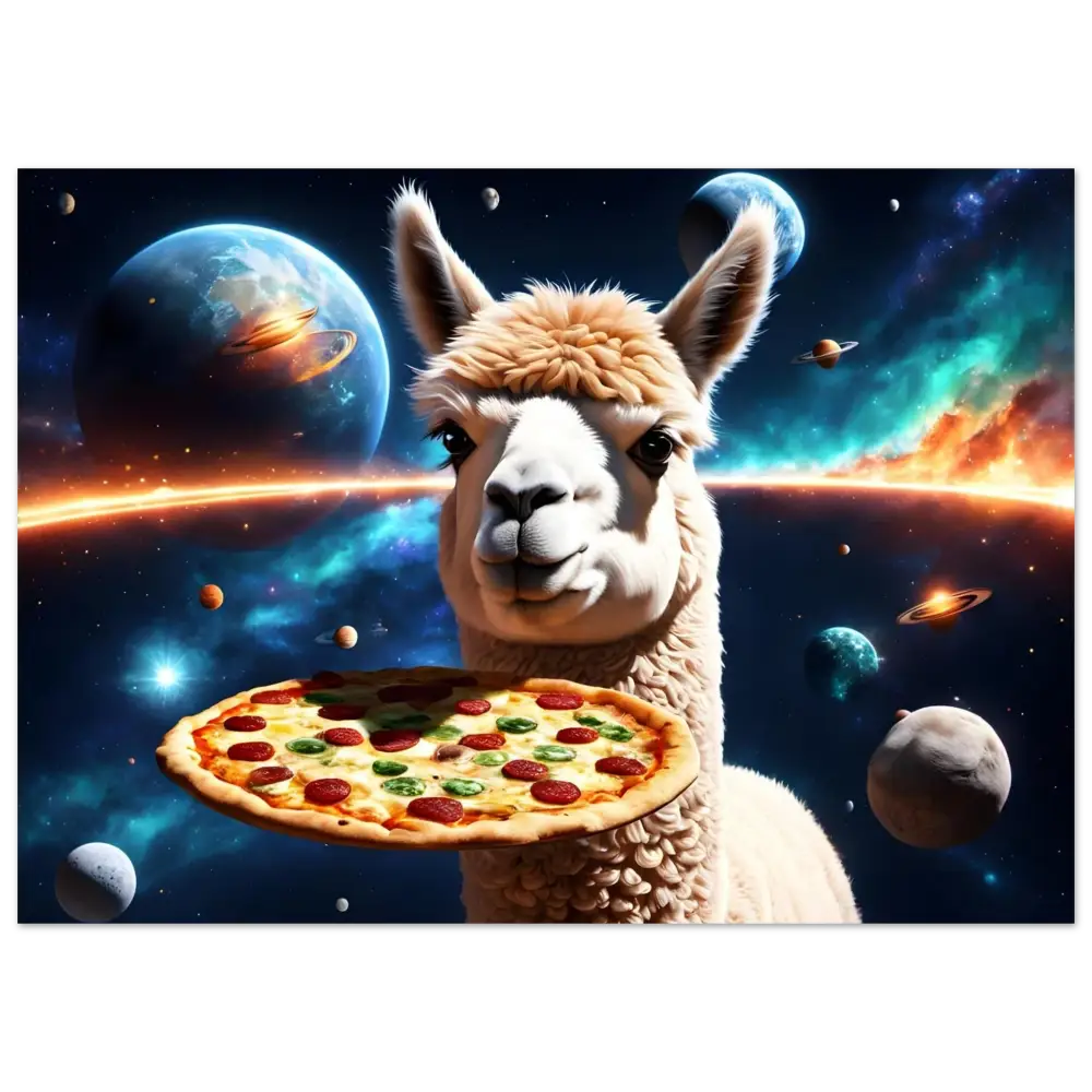 Llama holding a pepperoni pizza on PixiOnyx Galactic Metal Art aluminum print