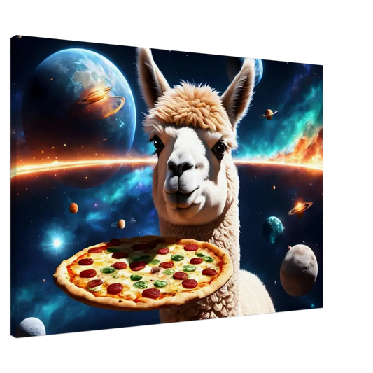 Llama holding pizza in space for Alpaca Pizza Canvas Deep Space Delivery PixiOnyx art