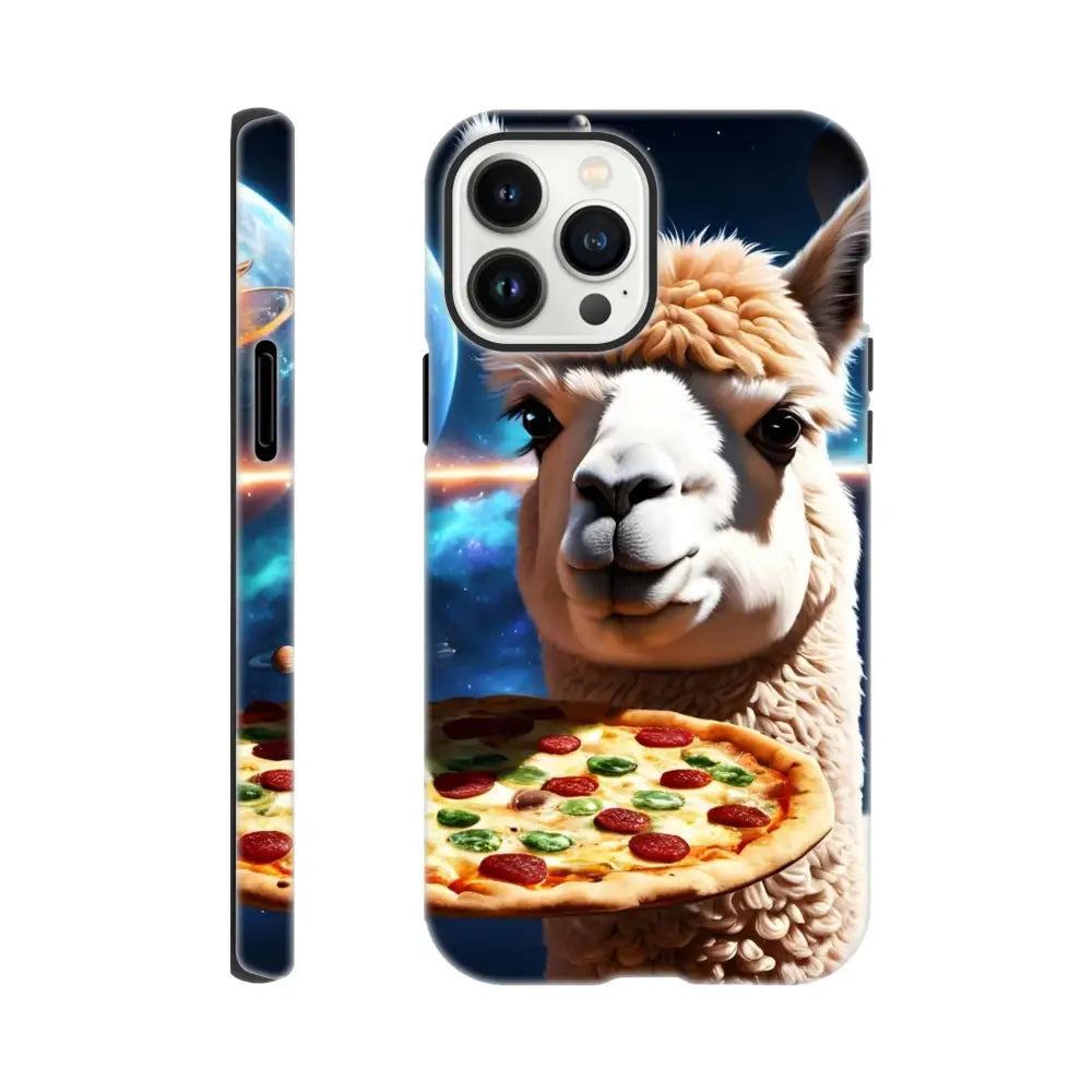 Llama pizza phone case for iPhone featuring Alpaca Pizza Deep Dish Defender design