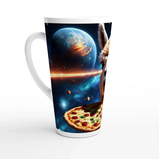 Alpaca Pizza Latte Mug featuring a space llama and pizza design in deep space theme