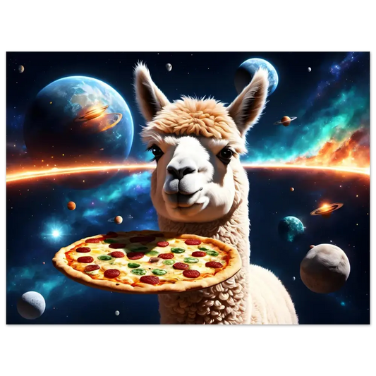Space-themed Alpaca holding pizza on PixiOnyx Fine Art Print titled Galactic Crust Crusade