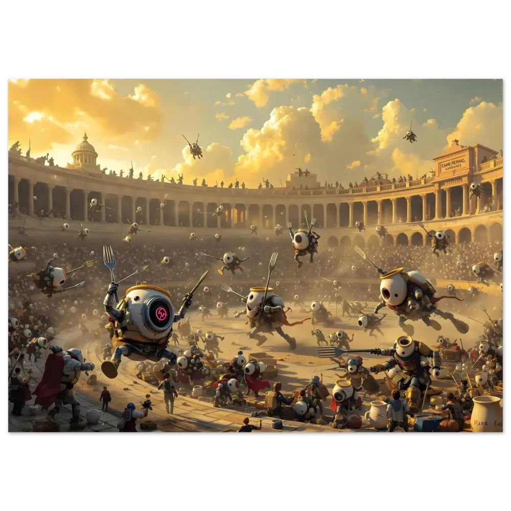 Robotic gladiatorial combat scene from Aluminum Bot Arena Print Battle of the Breakfast Bots