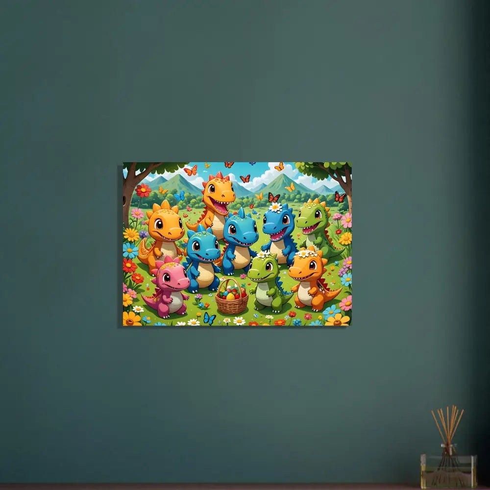 Cartoon Dinosaur Picnic on Aluminum Dino Delight Kawaii Jurassic Joy Metal Print