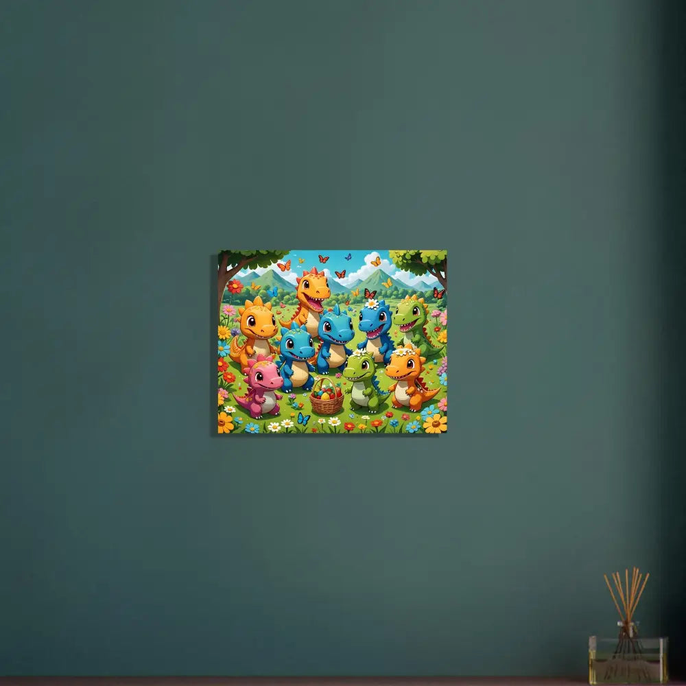 Colorful dinosaur canvas print on Aluminum Dino Delight Kawaii Jurassic Joy PixiOnyx Metal Print