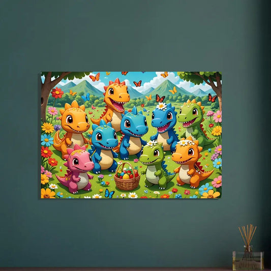 Colorful Cartoon Dinosaur Easter scene on PixiOnyx Aluminum Dino Delight metal print