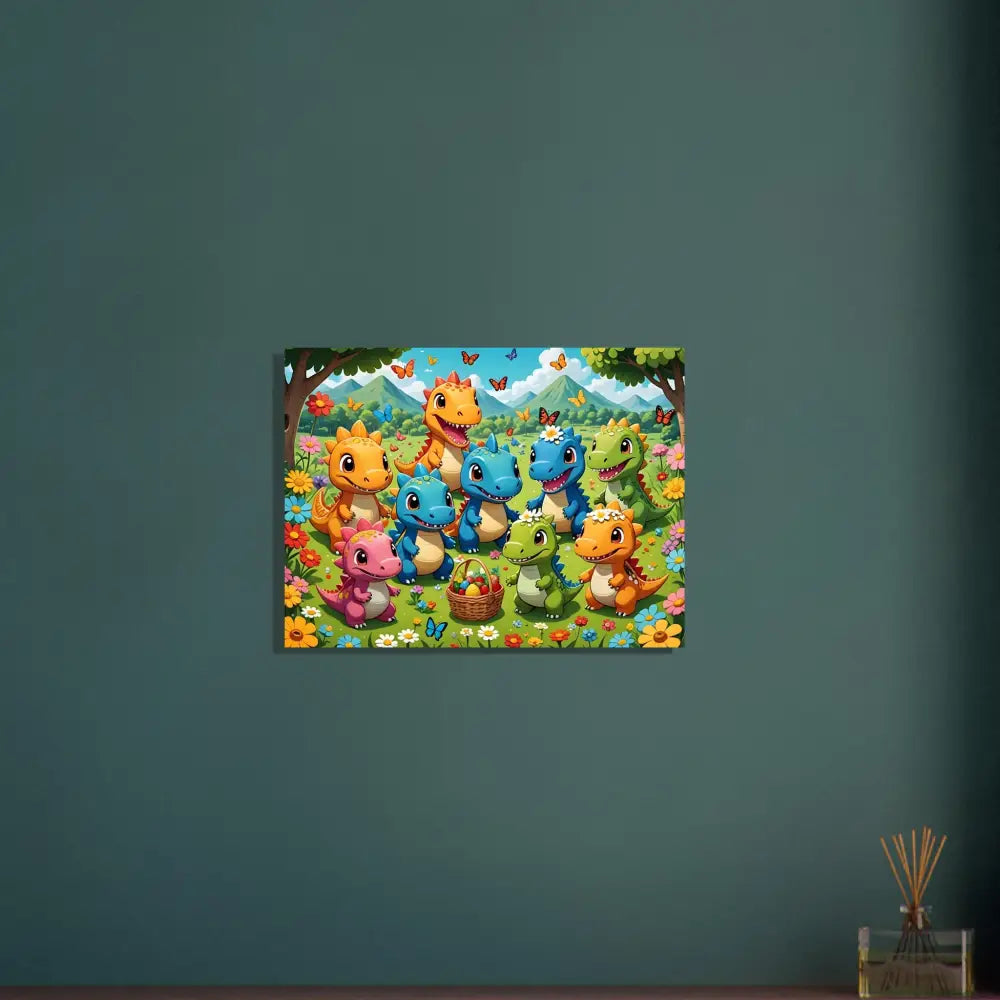 Colorful cartoon dinosaur gathering with Easter basket on PixiOnyx Aluminum Dino Delight Metal Print