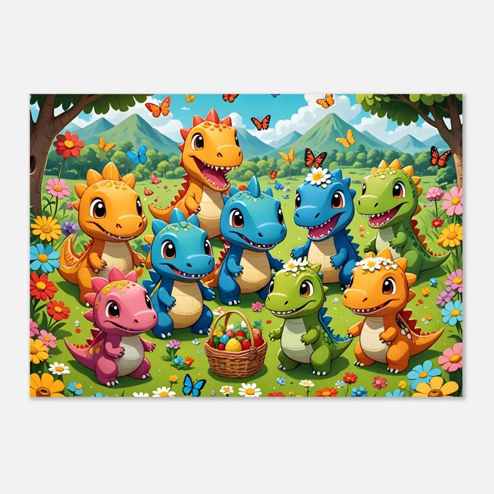Colorful cartoon dinosaurs with Easter baskets on PixiOnyx Aluminum Dino Delight metal print