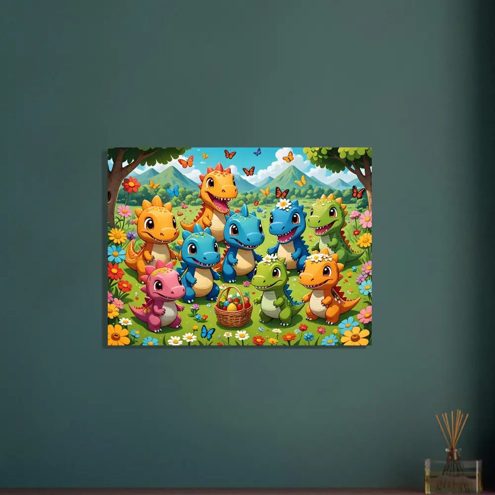 Cartoon dinosaur group with Easter basket on PixiOnyx Aluminum Dino Delight metal print