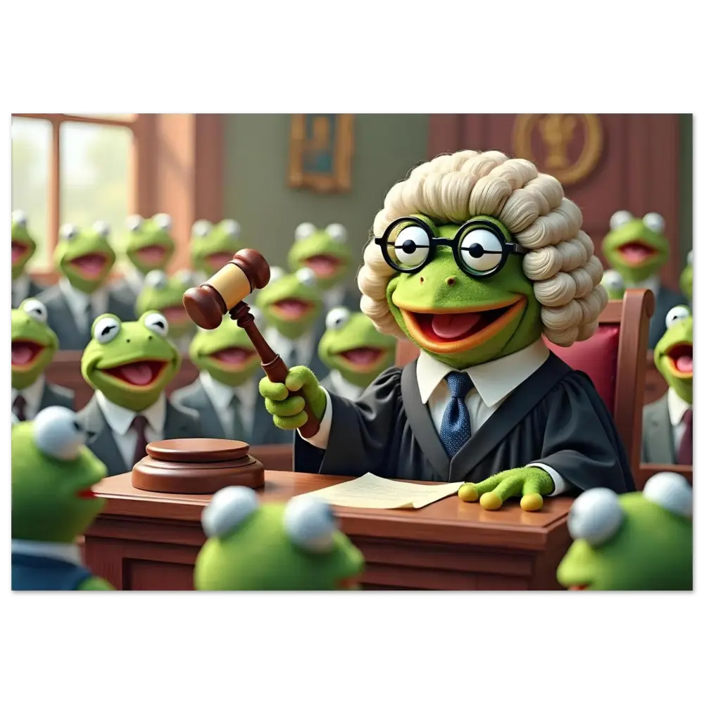 Aluminum Frog Court Print featuring a frog judge with gavel for PixiOnyx Metallic Absurdism