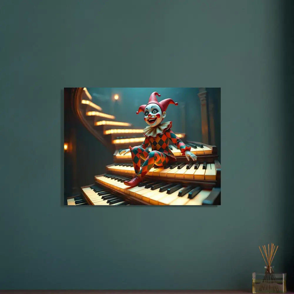 Creepy jester doll on piano keys showcased in PixiOnyx Metal Art Aluminum Marionette Print