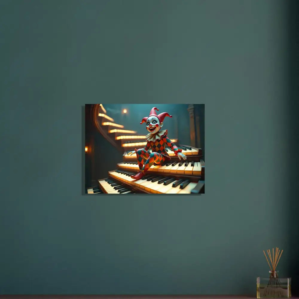 Clown doll sitting on piano keys in PixiOnyx Metal Art Aluminum Marionette Print