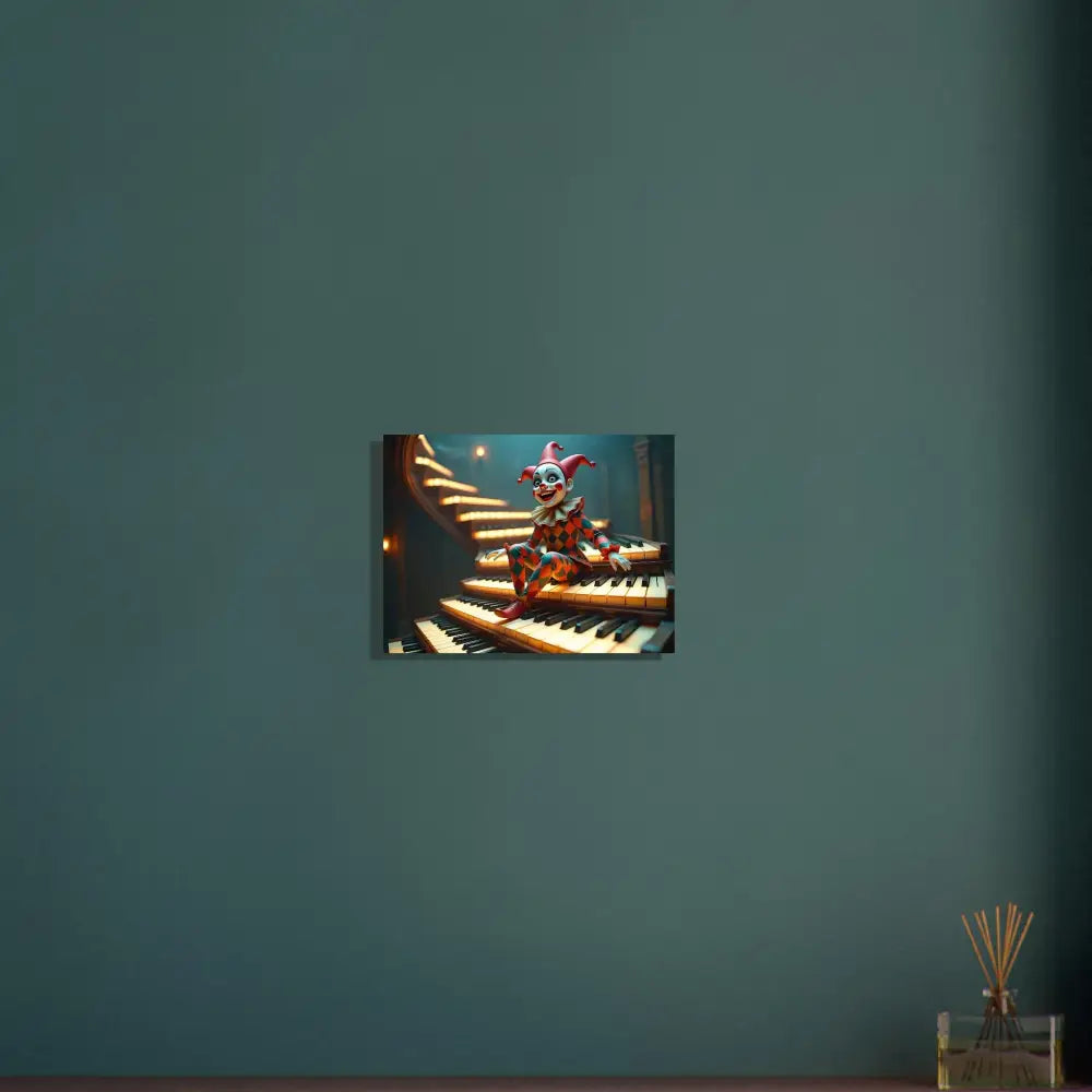 Clown sitting on piano keys in Aluminum Marionette Print Puppet’s Prelude Metal Art