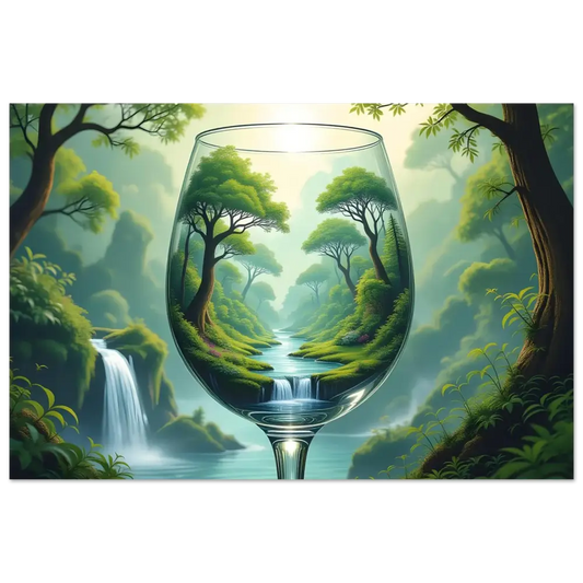 Wine glass with lush forest landscape in a surreal aluminum nature print artwork