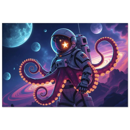 Astronaut with octopus tentacles depicted in Neon Tentacle Voyager Aluminum Print by PixiOnyx