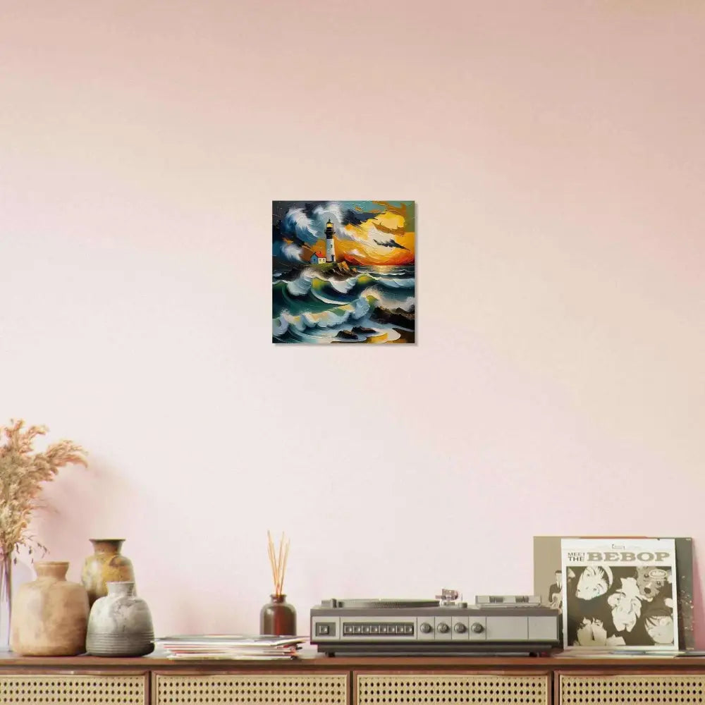 Epic seascape forged on pixionyx shimmering metal featuring glossy waves clash and a lighthouse