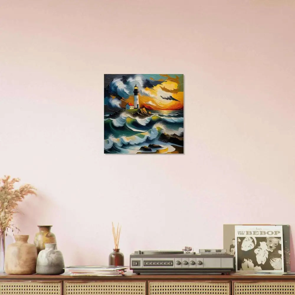 Epic seascape forged aluminum print of a lighthouse with glossy waves clash on pixionyx shimmering metal