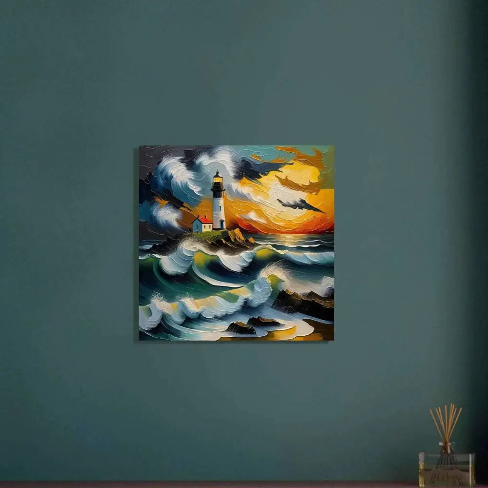 Vibrant aluminum print of epic seascape forged lighthouse with glossy waves clash on pixionyx shimmering metal
