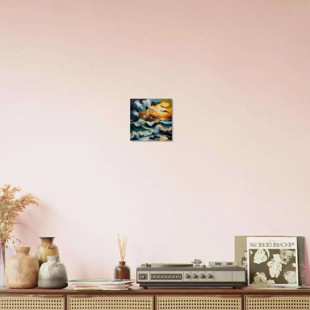 Epic seascape forged on PixiOnyx Shimmering Metal featuring glossy waves clash and lighthouse