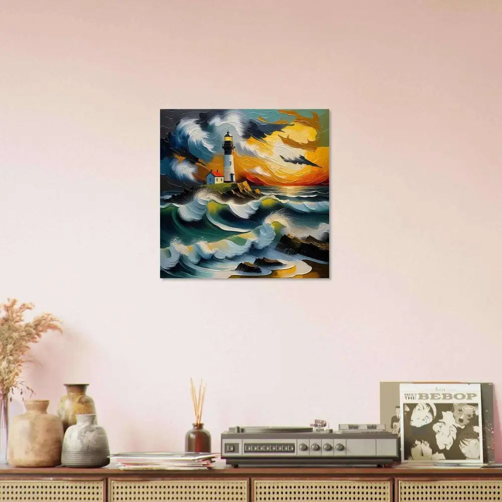 Vibrant oil painting of a lighthouse by the sea at sunset on PixiOnyx Shimmering Metal