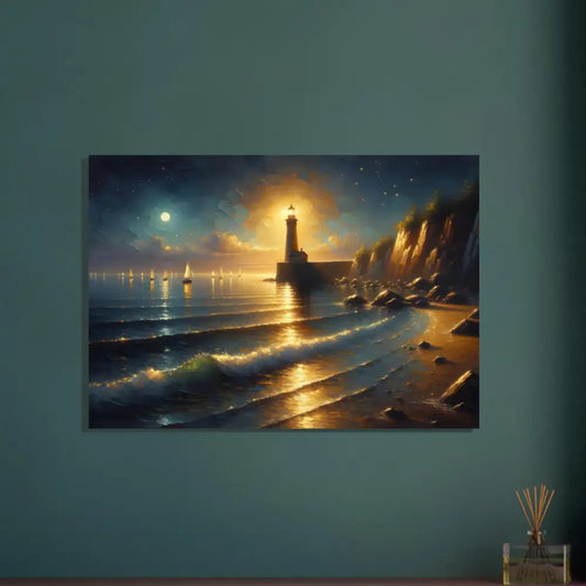 Aluminum print of Lighthouse seascape painting titled Beacon of the Quiet Tide by PixiOnyx