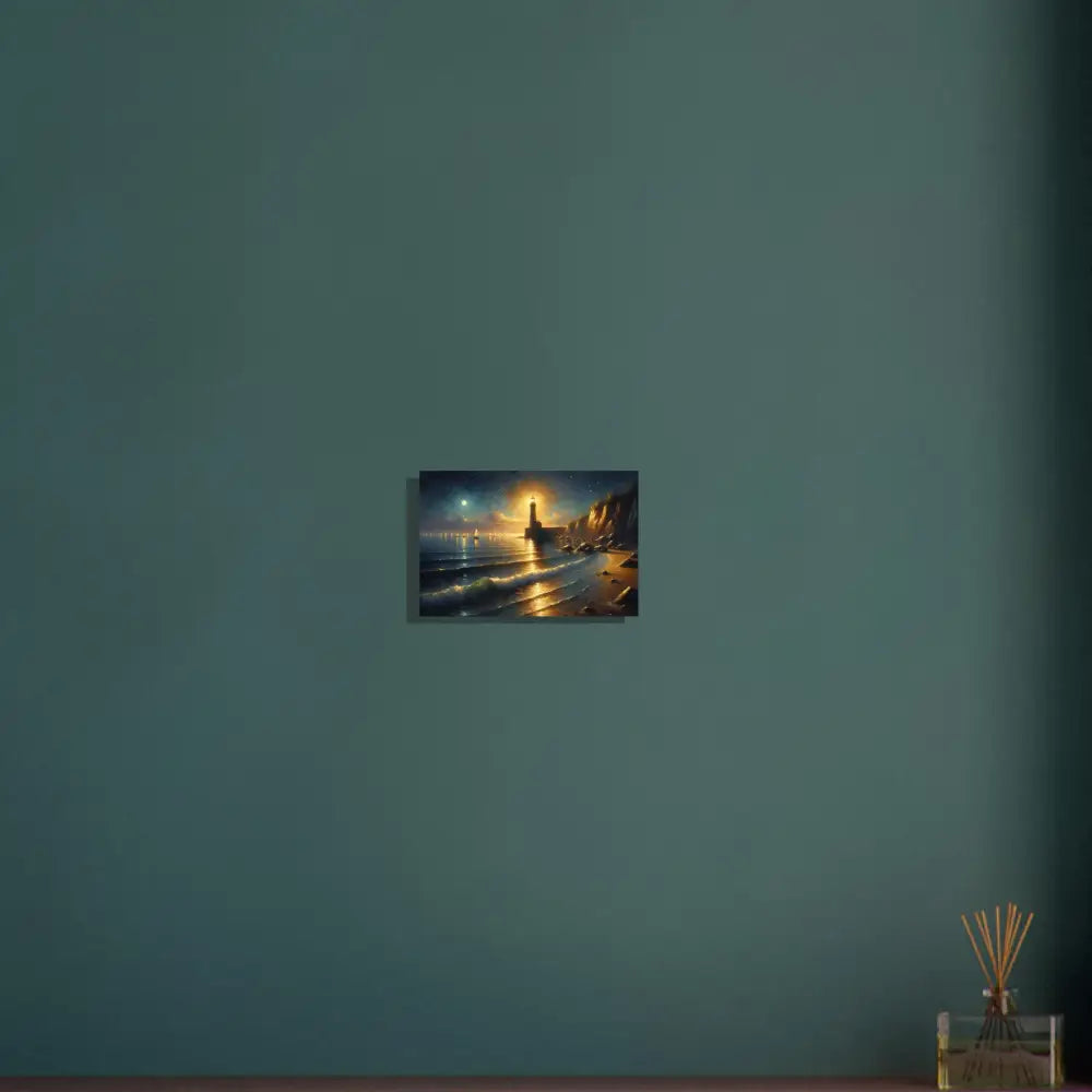 Aluminum print of a coastal lighthouse painting titled Beacon of the Quiet Tide by PixiOnyx