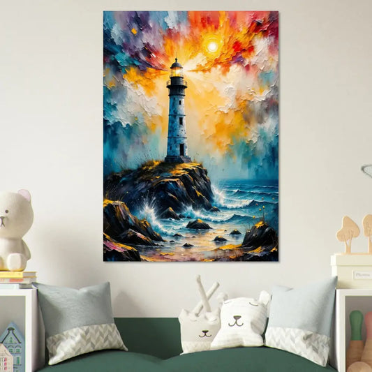 Impressionistic stormy lighthouse scene on white-coated aluminum panel for archival display