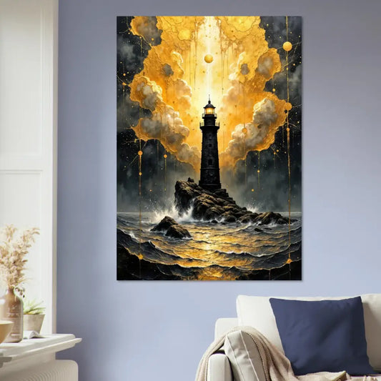 Aluminum print of lighthouse on rocky outcrop with glowing clouds, luminous tower etched