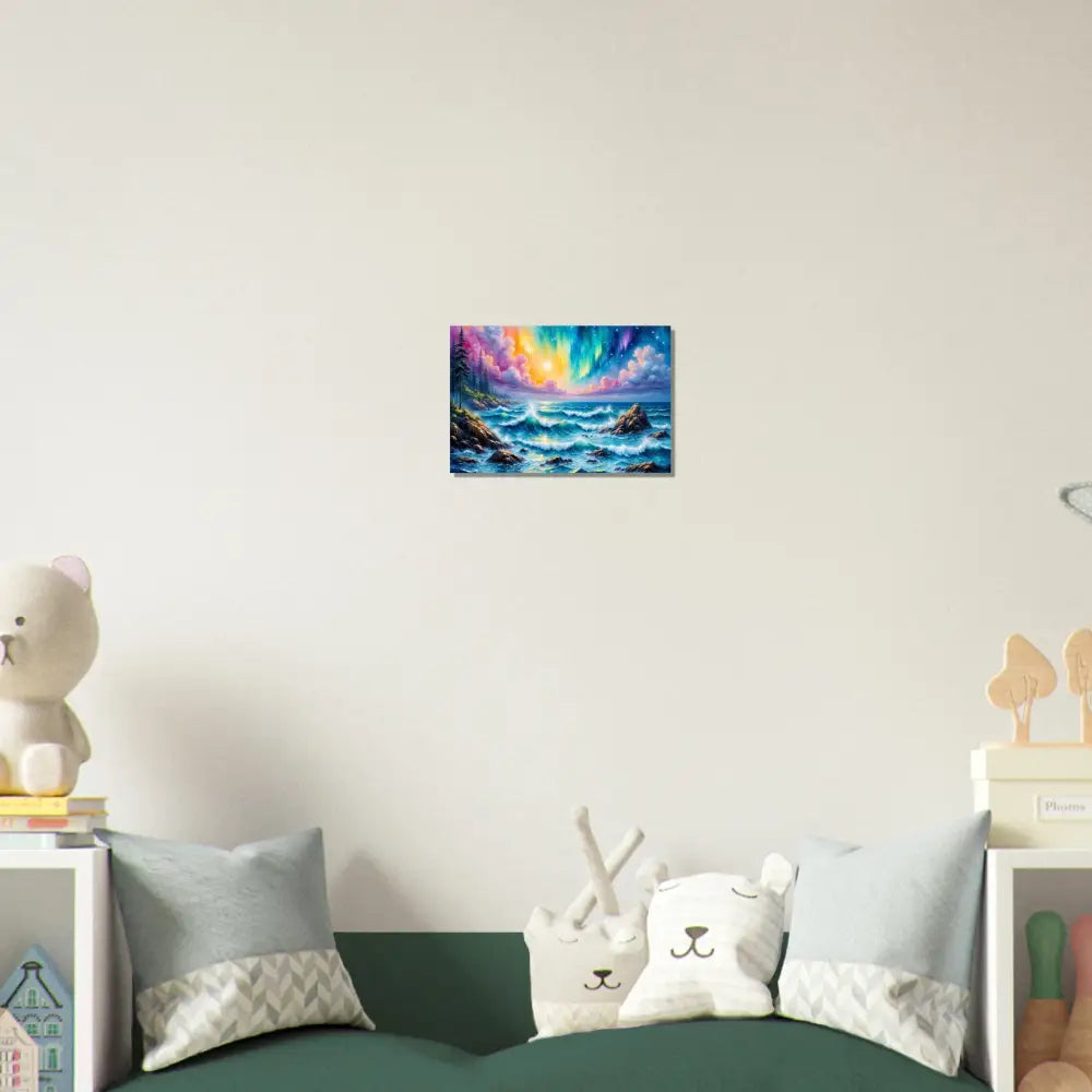 Colorful fantasy seascape aluminum print with vibrant aurora borealis over stormy ocean in Celestial Tide Aurora Metal Wall Art by PixiOnyx