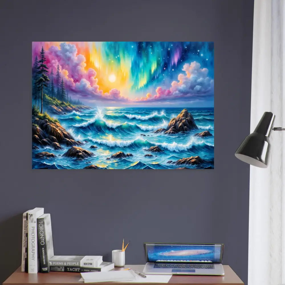 Aluminum print Celestial Tide aurora metal wall art with vibrant stormy coastline scene