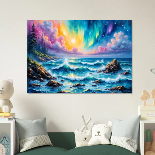Vibrant celestial tide aurora metal wall art featuring a colorful stormy sea landscape