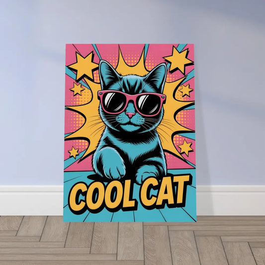 Pop art style blue cat canvas print with pink sunglasses on PixiOnyx Metallic Meow brushed aluminum with sleek finish
