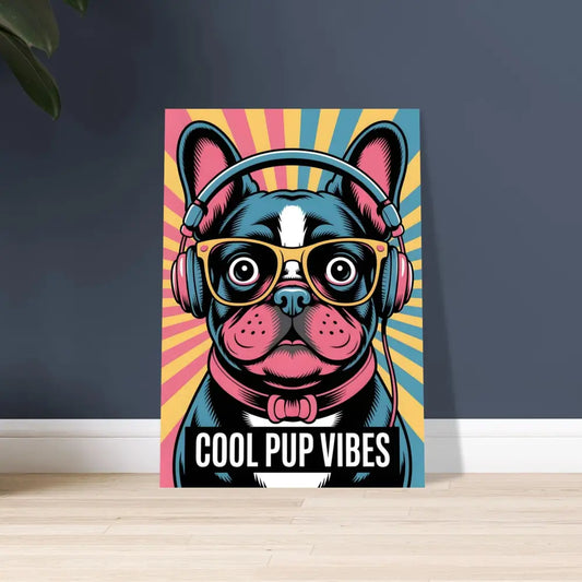 Vivid UV colors French Bulldog aluminum print with headphones and glasses in cool pup vibes style