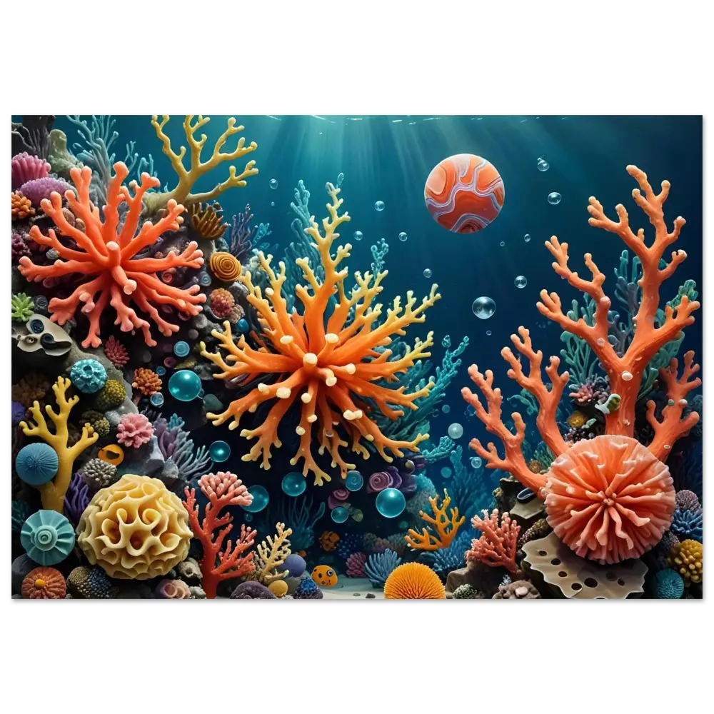 Vibrant coral reef ecosystem displayed on Aluminum Print Coral Reverie PixiOnyx Undersea Dreamscape