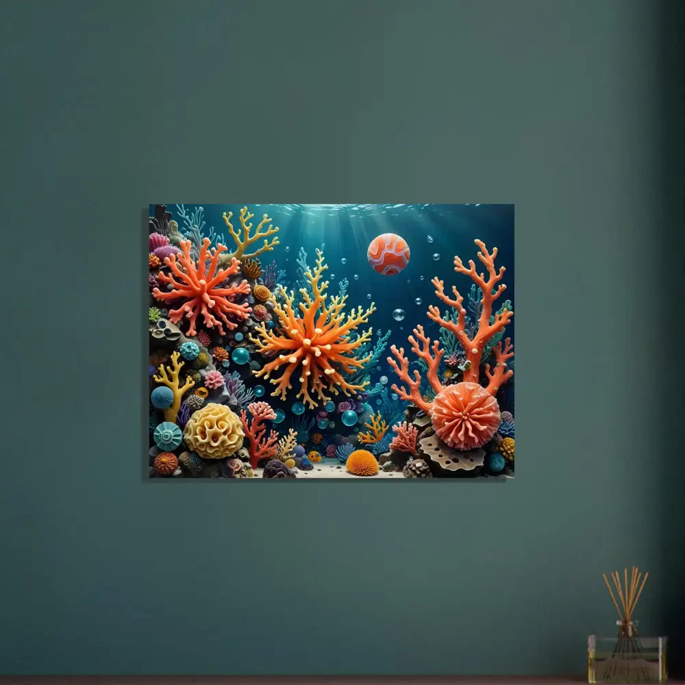 Vibrant coral reef artwork on Aluminum Print Coral Reverie by PixiOnyx Undersea Dreamscape