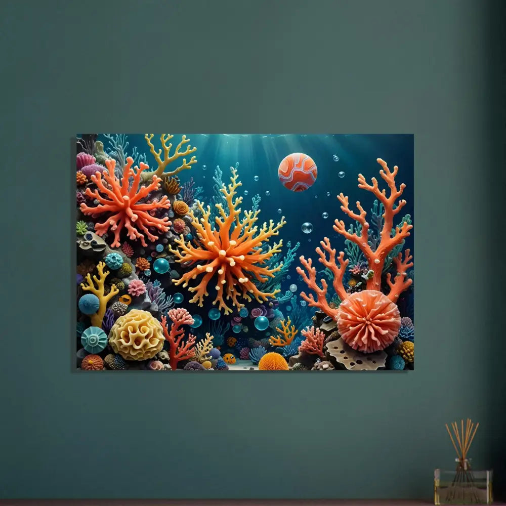 Vibrant coral reef artwork on Aluminum Print Coral Reverie by PixiOnyx Undersea Dreamscape