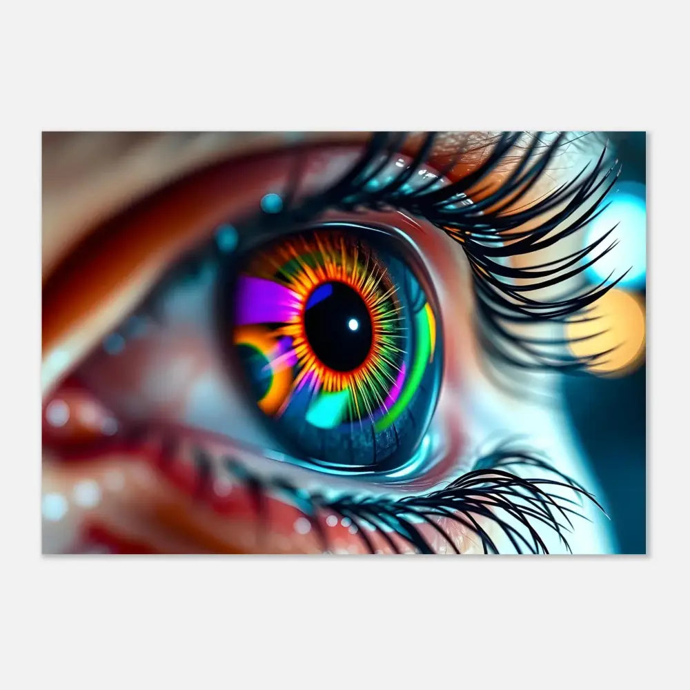 Vibrant rainbow-colored human eye artwork on PixiOnyx Dreamscape Metal Aluminum Print
