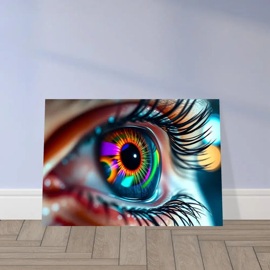 Colorful eye art print on metallic aluminum surface in Cosmic Iris Portal of Vision design