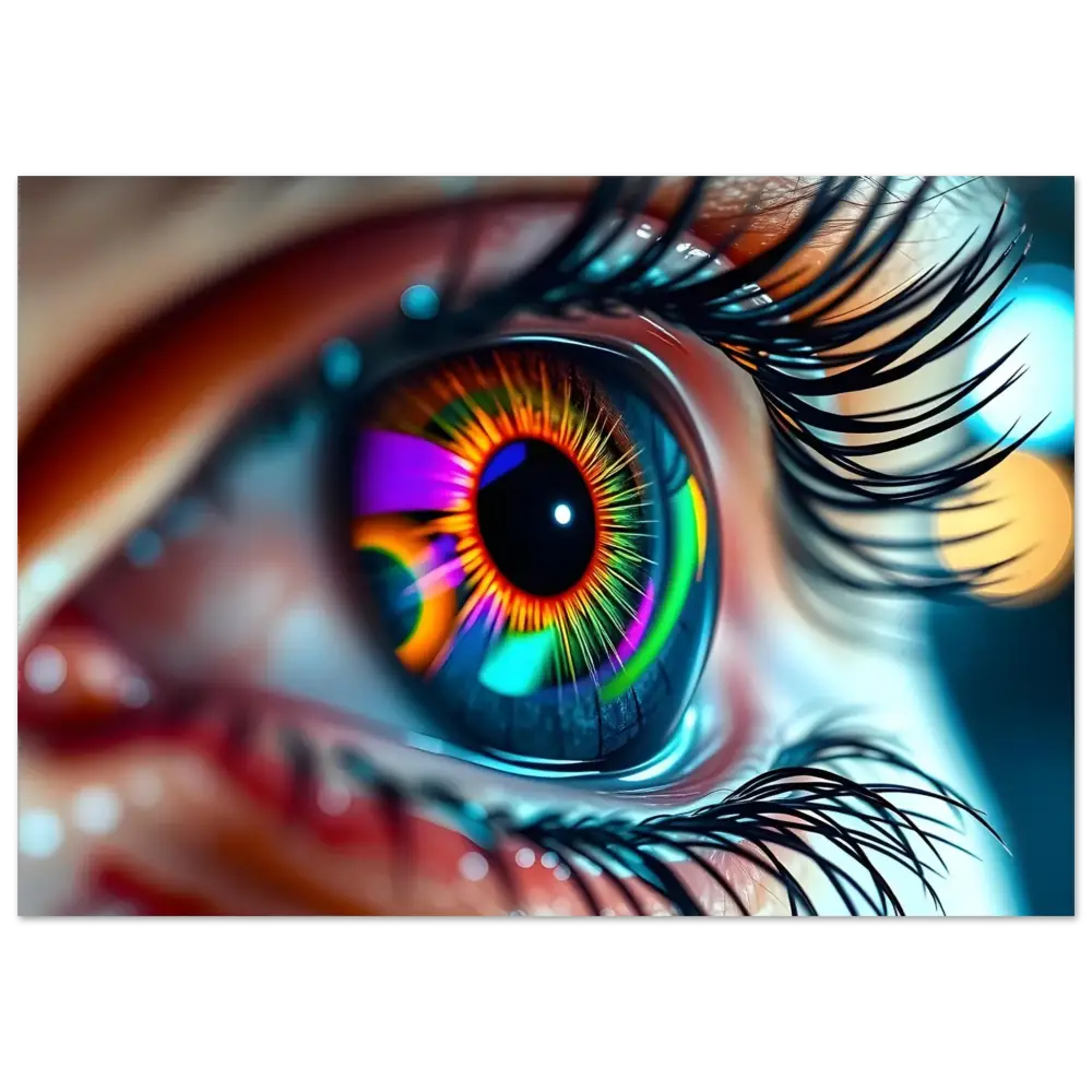 Rainbow-colored human eye on Aluminum Print Cosmic Iris Portal of Vision PixiOnyx Dreamscape Metal